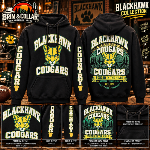 Blackhawk Cougars Forged in the Hills Hoodie — front, back, sleeves and details