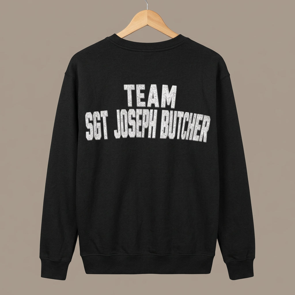 Black Team Butcher crewneck back mockup with Team Sgt Joseph Butcher graphic