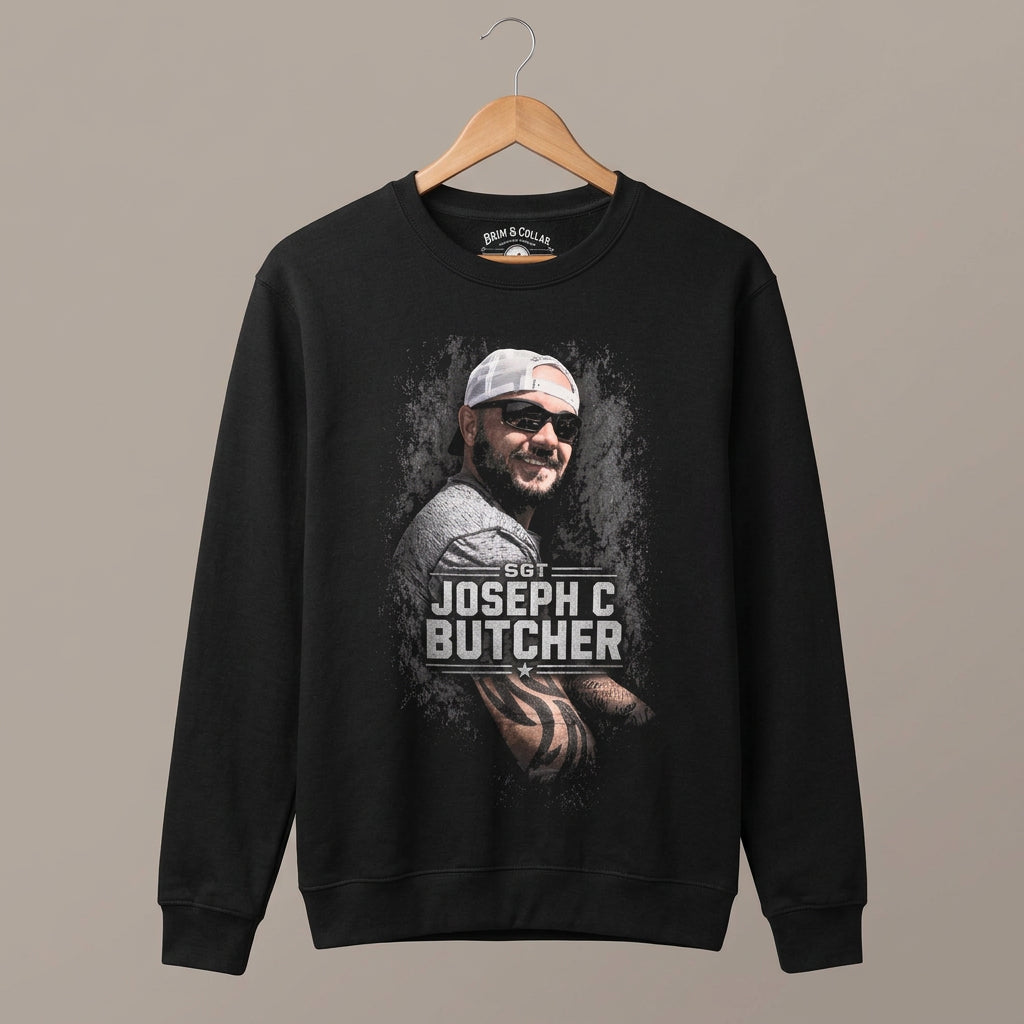 Black Team Butcher crewneck front mockup with Sgt Joseph C Butcher portrait